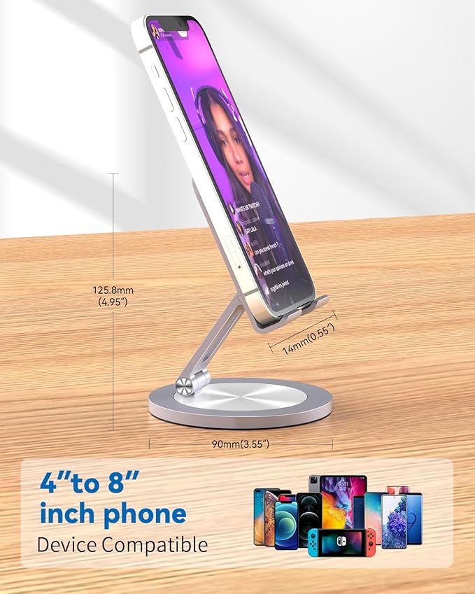 360 Rotating Phone Holder for Desk, Dual-Adjustable Foldable Heavy-Duty Bases Aluminum Phone Stand Compatible with iPhone 17 16 15 14 13 12 11 Series, Galaxy, 4-8" All Phones (Grey)