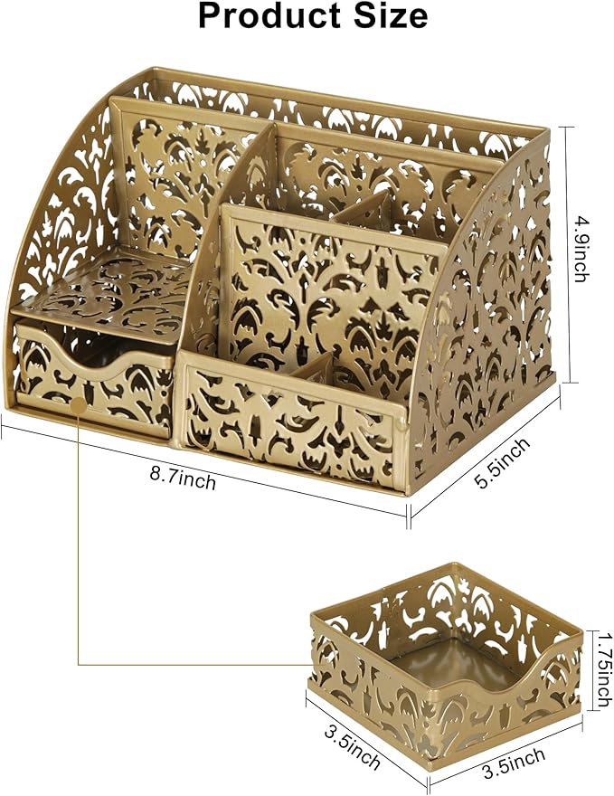 EasyPAG Pen Holder Desk Organizer with Drawer Pencil Cup for Desk 6 Compartments Metal Office Caddy Storage with Sticky Notes Holder for School Home Office, Gold