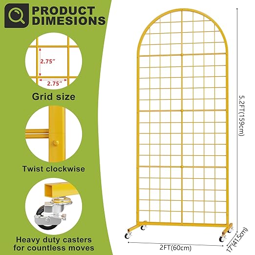 Grid Wall Panel 1PCS Display Stand 2' x 5.2' FT Gold Grid Wall Panels Movable Retail Display Racks Floorstanding Gridwall Heavy Duty with Wheel for Art Craft Photo Displays Fair Trade Show