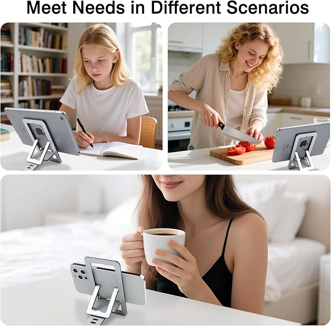 Foldable Aluminum Phone Stand – Adjustable Desk Holder for Travel & Office, Compatible with iPhone 16-13 Pro Max, Samsung S24-S8, Kindle – Gray