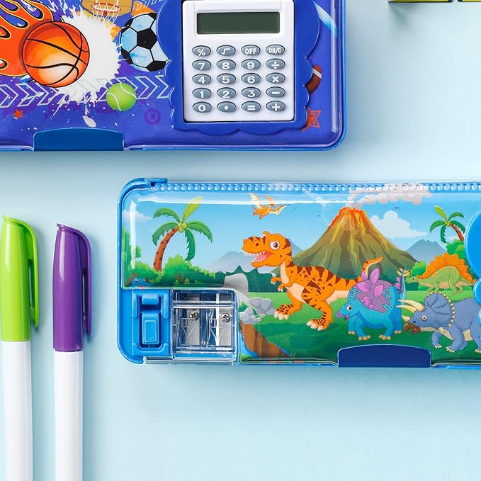Henoyso Multifunctional Pencil Box for Boys Dinosaur Pencil Case with Calculator and Sharpener Cool Cute Pencilcase School Supplies Essentials Christmas Birthday Gift Present for Kids Teens