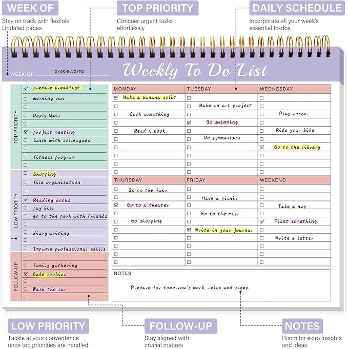 Weekly To Do List Notepad with 52 Undated Sheets（8.5"×11"）- Weekly Desk Planner Pad with Spiral Binding for Women & Man, Office, School and Home Personal Organizer