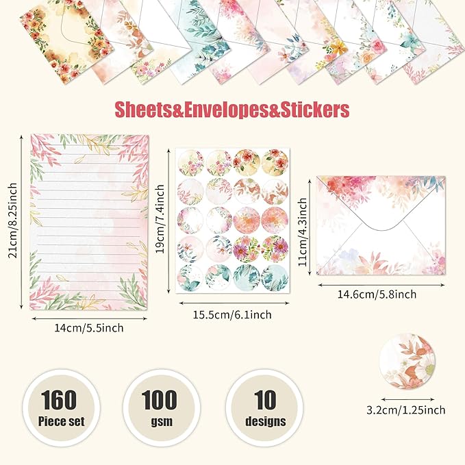 160PCS Stationary Paper and Envelopes Set, 10 Different Style Floral Themed Writing Paper Stationery Set (50 stationery paper + 50 envelopes+60 Sticker)