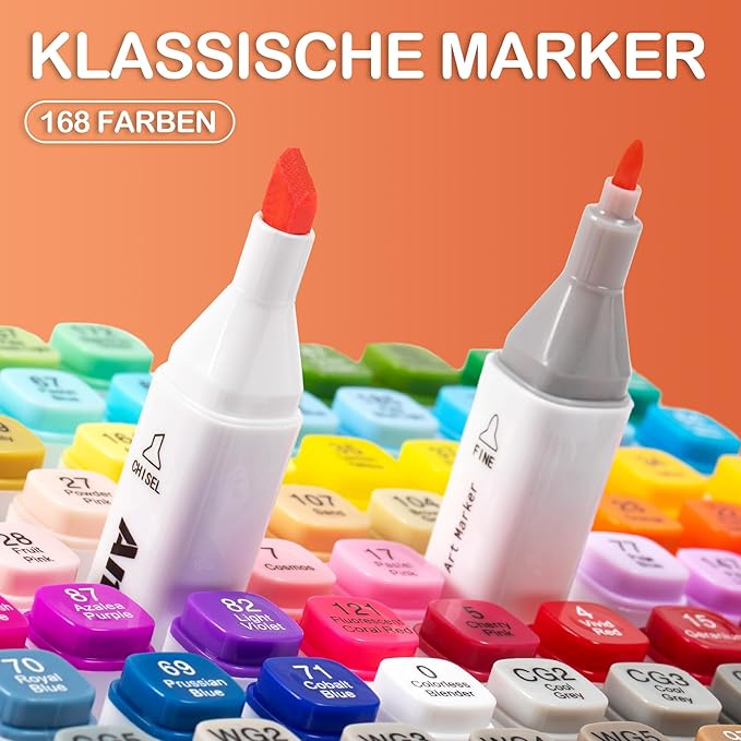 AnyMark Alcohol Markers, 168 Colors Dual Tip Art Coloring Markers Set for Kids Adult Book Drawing Sketching Painting, Chisel & Fine, White Penholder