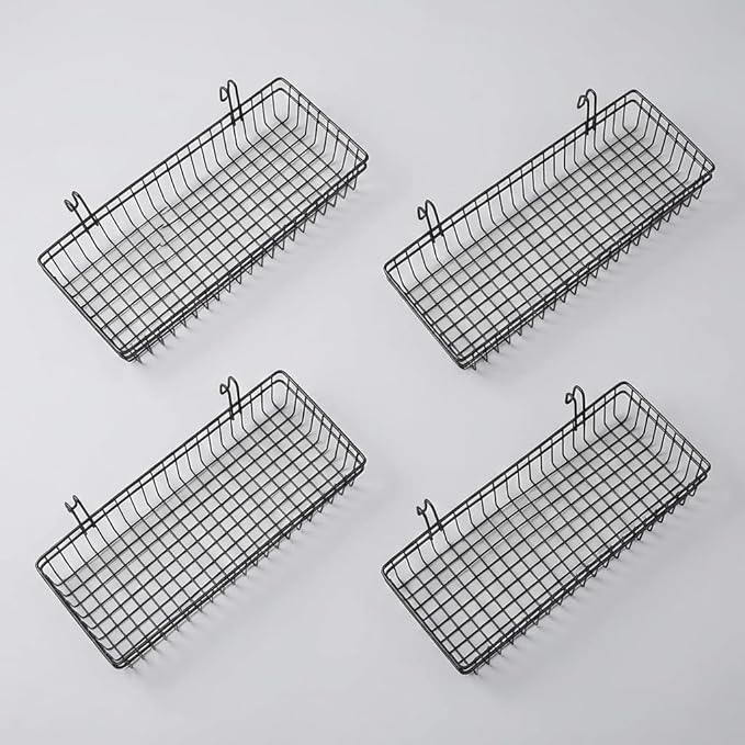 ANZOME 4 Pack Grid Wall Baskets & Gridwall Accessories - Black Metal Wire Mesh Hanging Storage Bins with Built-in Hooks - Display Shelf Organizer for Craft Room, Retail, Office & Kitchen Pantry