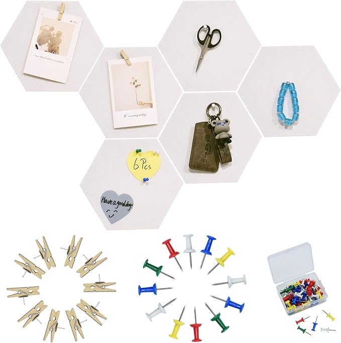 6Pcs White Hexagon Bulletin Board Strips,White Felt Pin Board Bar Strips with 50 Pushpins, Self-Adhesive Felt Cork Board Strips for Wall to Display Your Notes, Photos, Schedules