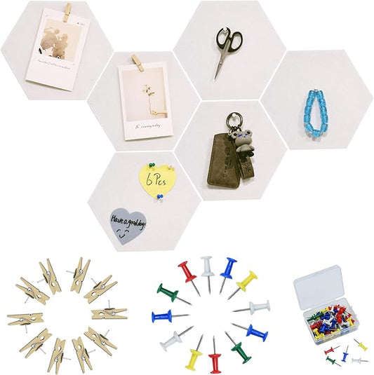 6Pcs White Hexagon Bulletin Board Strips,White Felt Pin Board Bar Strips with 50 Pushpins, Self-Adhesive Felt Cork Board Strips for Wall to Display Your Notes, Photos, Schedules