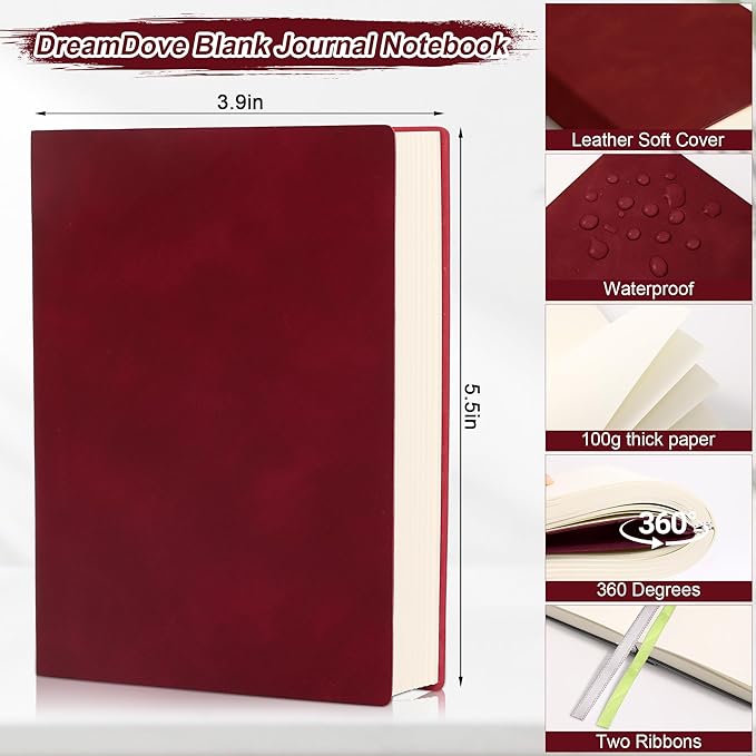 Thick Blank Journal Notebook 400 Pages 3.9 × 5.5 No Lines Soft Leather Pocket Blank Notebook for Women Drawing Book Memo Writing Sketch Diary Notebook Upgrade Page (wine red)