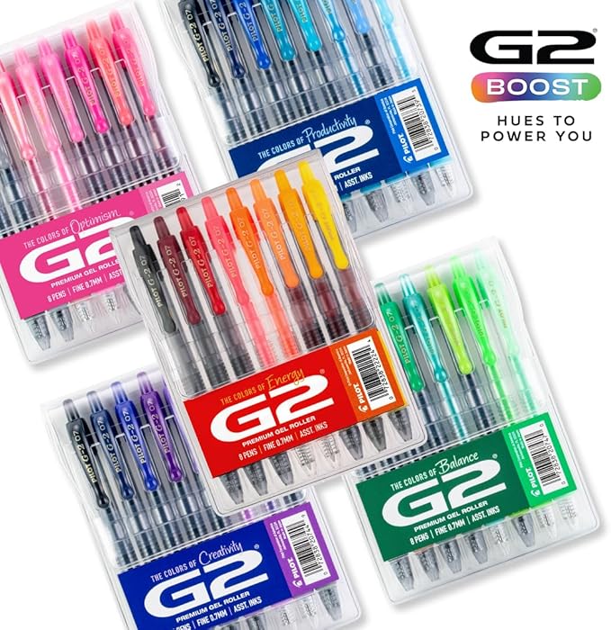 Pilot G2 Premium Gel Roller Pens, Fine Point Gel Pens, Boost Purple Pack, The Colors of Creativity, 8-Pack Pouch, 0.7 mm, Assorted - Ideal for School, Journaling, & Office Writing
