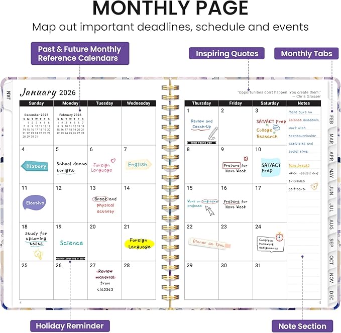 2026 Planner, Weekly and Monthly Calendar Planner for Women, Jan 2026 - Dec 2026, Hardcover Planning Agenda book with Tabs, Spiral Bound, Inner Pocket, Perfect for School Office Supplies, 6.3" x 8.5" - Purple Blocks