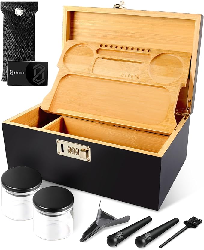 OZCHIN Large Bamboo Box with Combination Lock Decorative box for Home Great Gift Choice Storage Lockbox with Storage Jar, Christmas Gifts for Men Women