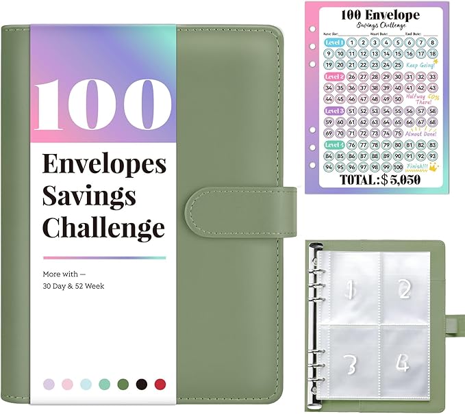 Sooez 100 Envelopes Money Saving Challenge, Savings Challenges Book with Envelopes, Flexible Saving $5050, $2600, $300, Savings Binder with 100 Pocket Pre-Number & Reusable Laminated Tracker
