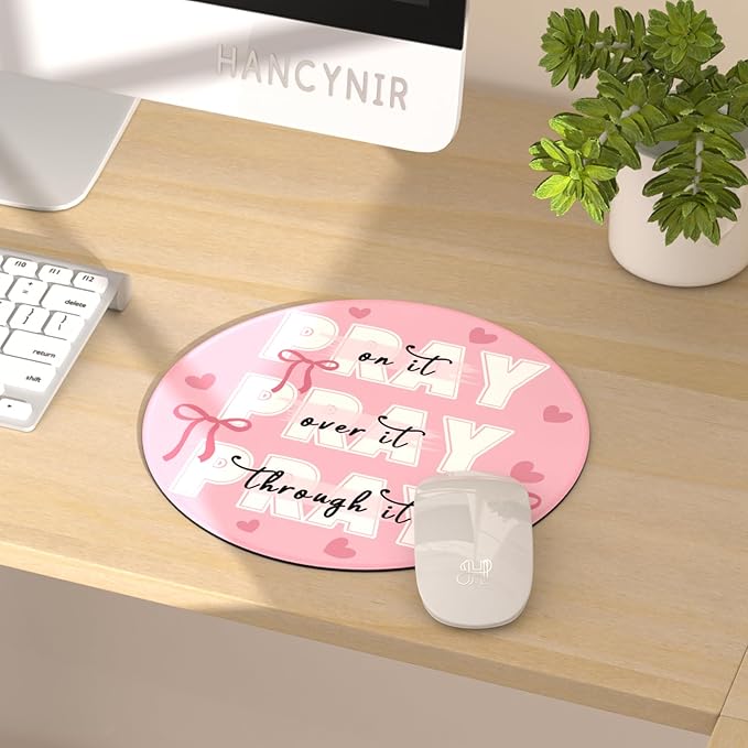 Inspirational Quote Mouse Pad for Desk, Cute Bows Heart Small Mousepad with Non-Slip Base, Round Mouse Pads for Laptop Gaming, Computer Mouse Mat for Desk Accessories Office Decor Supplies