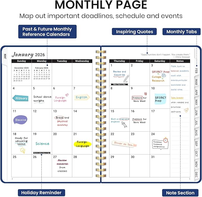 2026 Planner, Weekly and Monthly Calendar Planner, January 2026 - December 2026, Hardcover 2026 Calendar Book with Tabs For Women & Men, Inner Pocket, Spiral Bound, Perfect for Office Home School Supplies - A4 (8.5" x 11"), Deep Blue
