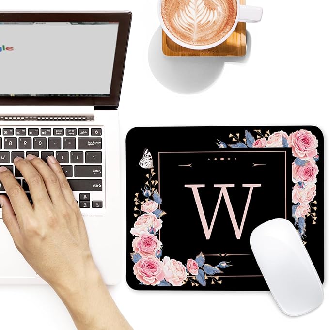 Letter W Black and Pink Flowers Square Mouse Pad, Mouse Pad with Stitched Edge and Non-Slip Rubber Base,Mouse Mat,Home Office Decor Desk Accessories,9.4x7.8x0.12 inch Square Mouse Pad