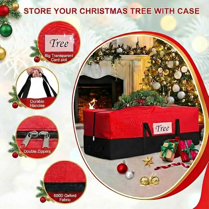 PLTCAT Christmas Tree Storage Bag Fits Up 10-12 Ft Tall Artificial Trees-Heavy Duty Holiday Storage Box Durable Reinforced H les Zipper Transparent Pocket- 600D Oxford Tree Storage Container Red