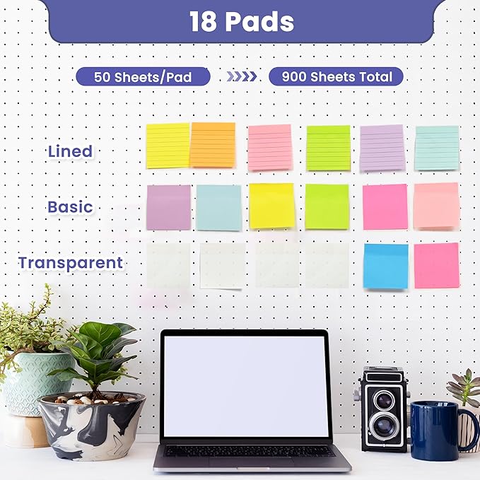 3x3 Inches Sticky Notes Variety Pack, 18 Pads Self Stick Notes, 50 Sheets/Pad, Included 8 Blank Pads, 6 Lined Pads and 4 Transparent Sticky Notes, 900 Total Sheets