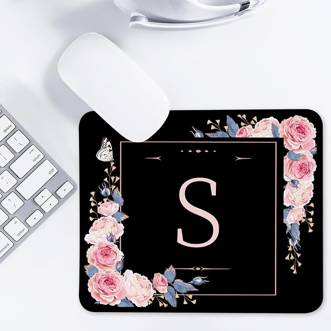 Letter S Black and Pink Flowers Square Mouse Pad, Mouse Pad with Stitched Edge and Non-Slip Rubber Base,Mouse Mat,Home Office Decor Desk Accessories,9.4x7.8x0.12 inch Square Mouse Pad