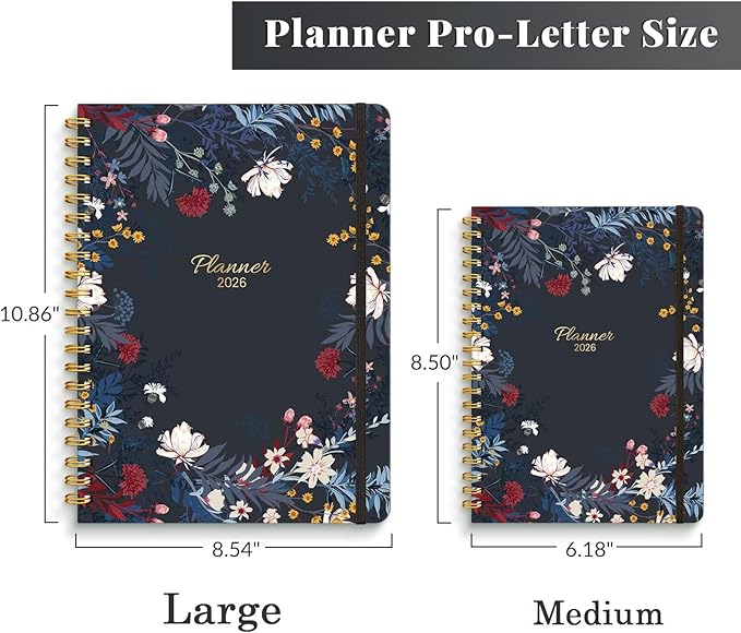 2026 Planner 8.5 x 11, Large Weekly and Monthly Planners with Tabs, A4 Spiral Bound Daily Calendar 2026 Planner, 12 Month Agenda Organizers from Jan. to Dec.(Black Bloss)