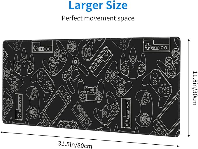 Video Game Controller Black Background XL Large Mouse Pad with Stitched Edges Long Non-Slip Rubber Base Mousepad Laptop Keyboard Mat Desk Pad for Office Home Desk Decor, 31.5" X 11.8"