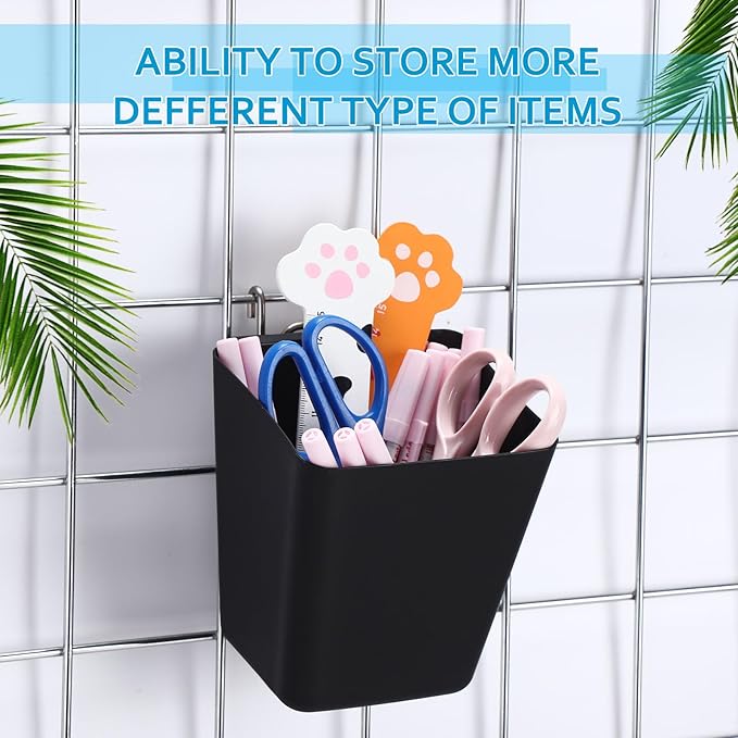 6 Pack Large Gridwall Cups Gridwall Storage Bin with Hooks Hanging Baskets Square Box Shape Hanging Cup Holder Gridwall Accessories for Garage Workbench Office Playroom Home Kitchen(Black)