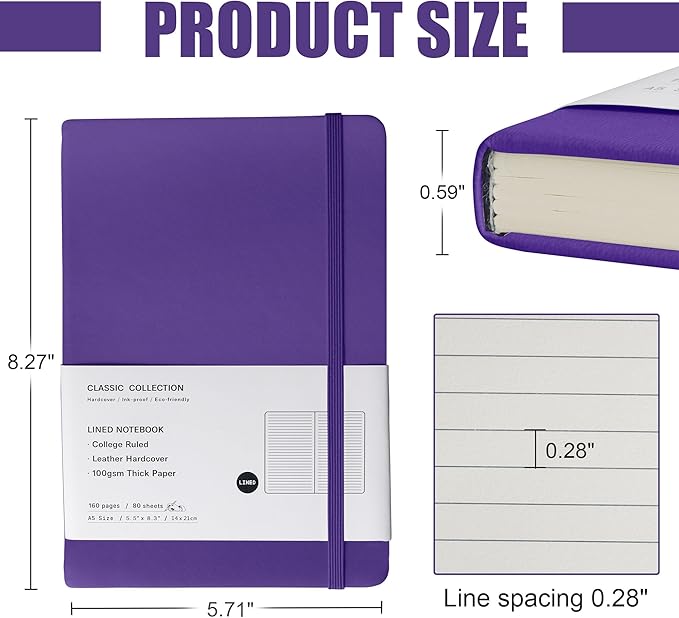 Lined Journal Notebook, 6Pack Hardcover Notebook for Men & Women – Journals for Writing, Work, School, Home & Daily Notes, 160 Pages – Medium A5, 5.7"x8", 100 gsm Thick Paper (Purple)
