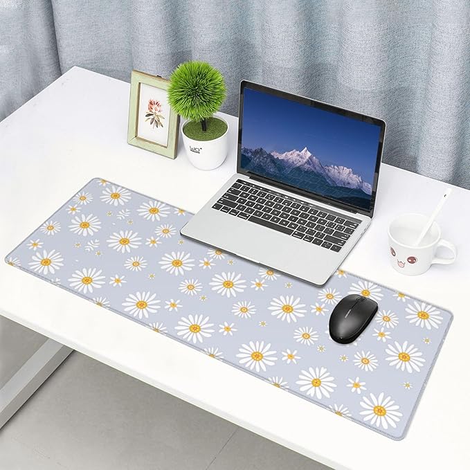 Daisy Flowers Large Mouse Pad with Stitched Edges Long Non-Slip Rubber Base Mousepad Laptop Keyboard Mat Desk Pad for Office Home Desk Decor, 31.5" X 11.8"