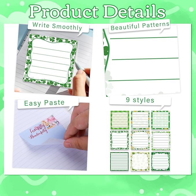 St Patricks Day Sticky Notes Gifts, 9 Pack St. Patrick's Day Notepads 3x3 Inches, Irish Gnome Leaf Shamrock Self-Adhesive Memo Pads, Holiday Office Study Supplies Gift (450 Sheets)