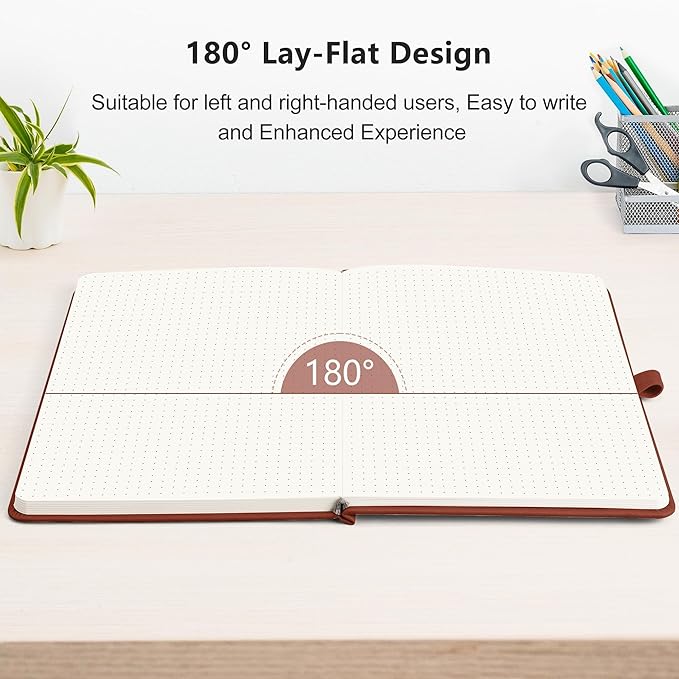 RETTACY Dotted Journal Notebook, 192 Pages, A5 Medium Size (5.7'' x 8.3''), Leather Hardcover, 100 GSM Thick Paper, for Bullet Journaling, Planning, Tracking (Brown)