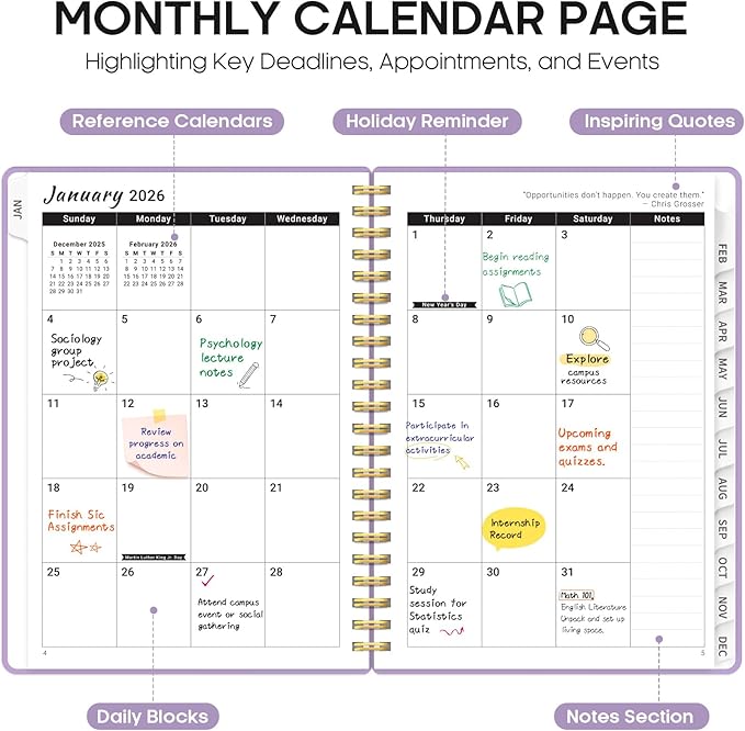 2026 Planner, Weekly and Monthly Calender Planner, Jan 2026 to Dec 2026, Hardcover 2026 Calendar Book with Tabs & Inner Pocket, Office Home School Supplies for Women & Men - A4 (8.5" x 11"), Purple