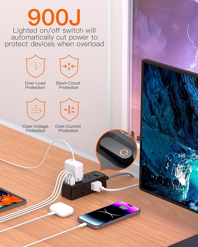Black Power Strip Surge Protector, BESHON 5Ft Extension Cord, 6 Outlets with 3 USB Ports(1 USB C Outlet), 3-Side Outlet Extender, Wall Mount, Compact for Travel, Home, College Dorm Room, and Office