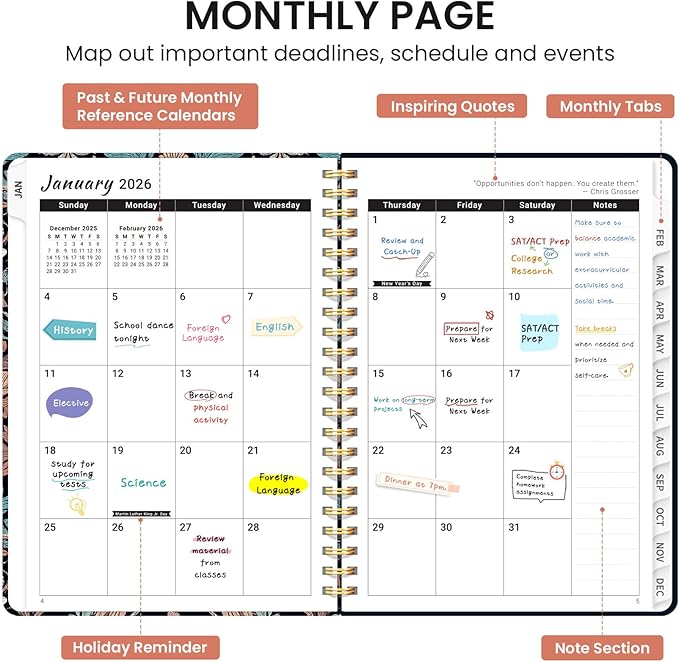 2026 Planner, Weekly and Monthly Calendar Planner for Women, Jan 2026 - Dec 2026, Hardcover Planning Agenda book with Tabs, Spiral Bound, Inner Pocket, Perfect for School Office Supplies, 6.3" x 8.5" - Verdant Leaf