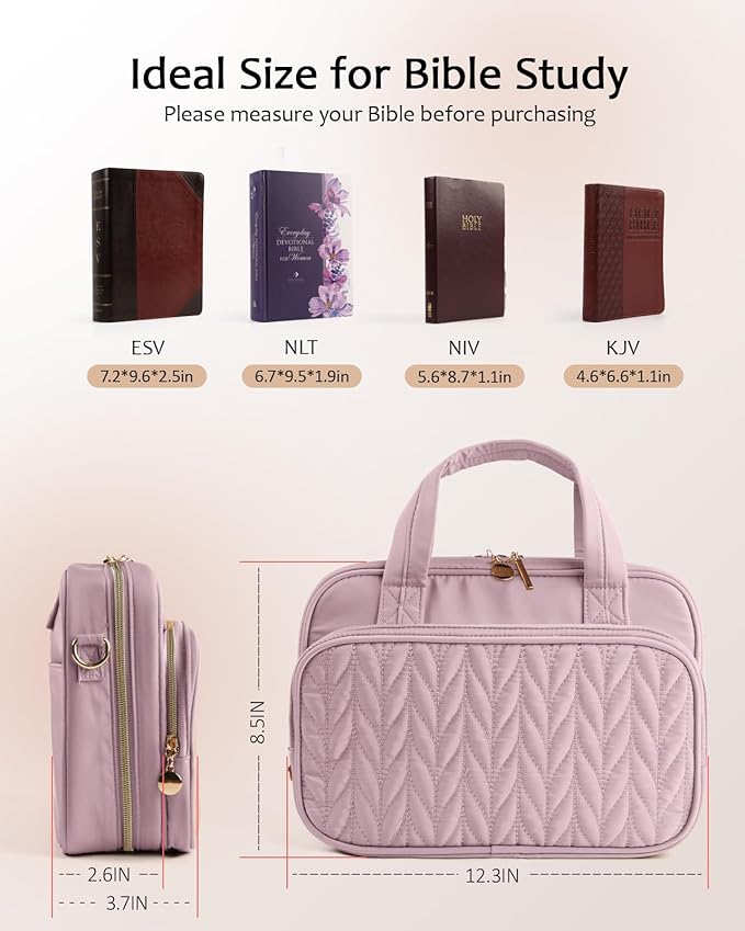 Bible Cover Case for Women, Large Bible Bag with Study Supplies, Bible Journaling Kit with Highlighters and Pens No Bleed, Christian Gift for Women (Shoulder Strap, Dusky Rose)