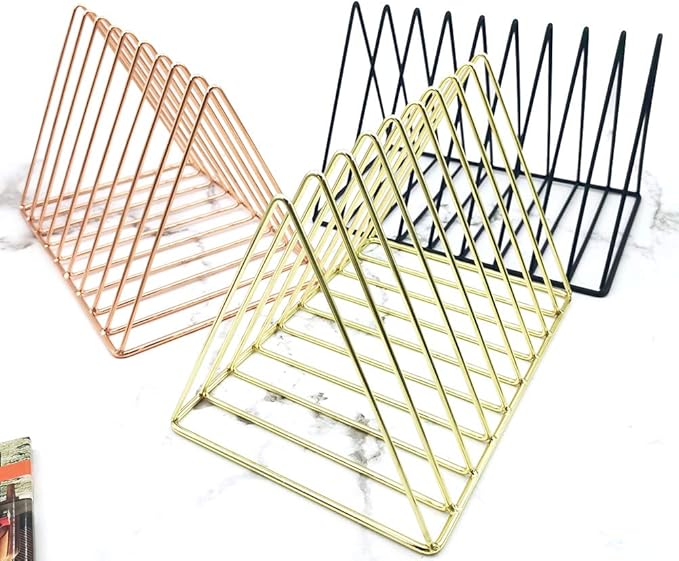 EASEPRES 9 Slot Magazine Rack Book Record Holder, Desktop Iron Storage Rack Bookshelf Multifunction Triangle File Organizer Sorter for Decor Home Office, Golden Pack of 2