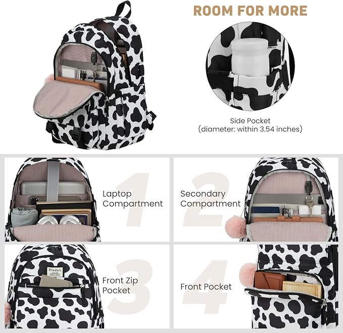 School Backpack for Teen Girls, Cute College Backpacks for Women Students Aesthetic Bookbag Large 15.6 Inch Laptop Bag Middle School Travel Back Pack (Cow Print Black)