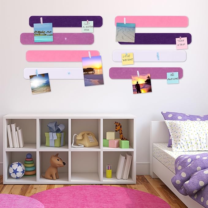 8 Pcs Felt Pin Board Bar Strips Bulletin Board 50 Pushpins and 10 Wooden Clip Pins Self Adhesive Cork Boards for Offices Home Wall Display Photos, Paste Notes, Schedules(Pink)