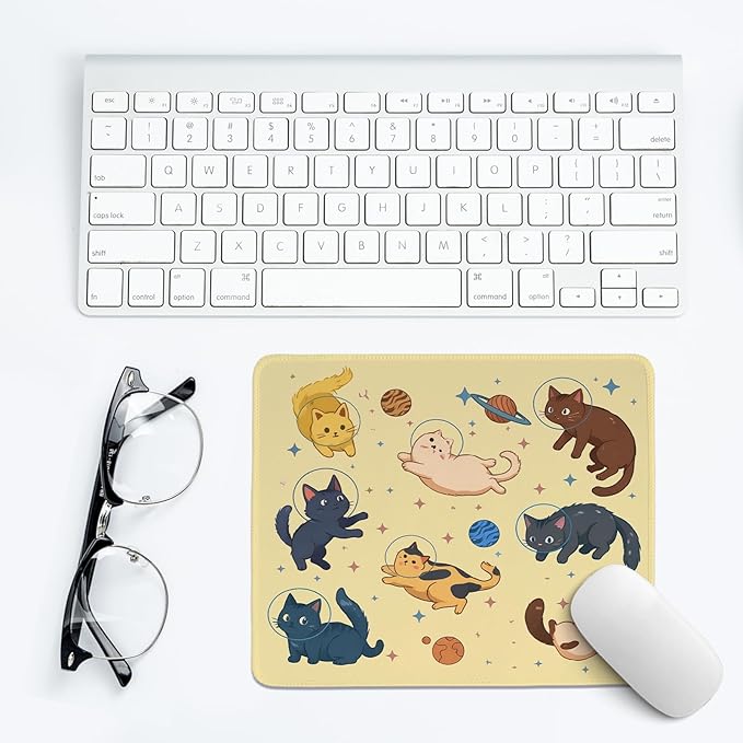 Yellow Funny Cats in Space Mouse Pad,Cute Cat Desk Mat,Cat Desk Accessories for Dorm Home Office Desktop Decor,Gift for Cat Lovers,10.2x8.2 in