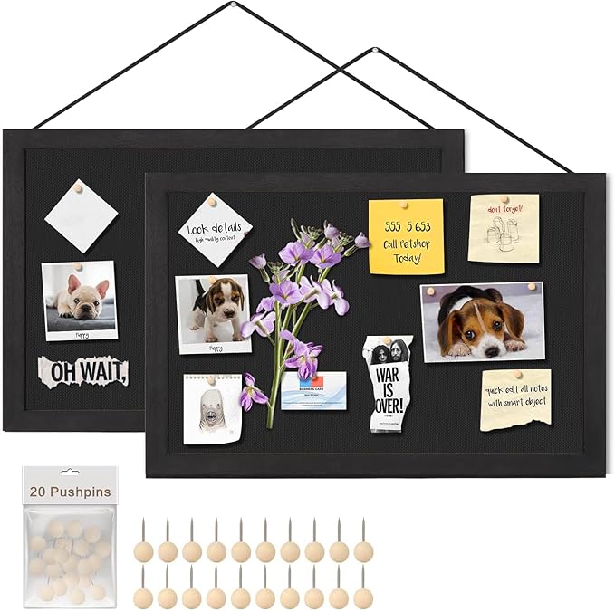 Miratino Bulletin Board Pin Board, 16 "x11 Black Linen Cork Boards for Walls, Wood Framed Display Bulletin Cork Picture Board for Office Room School Bedroom (2-Pack)