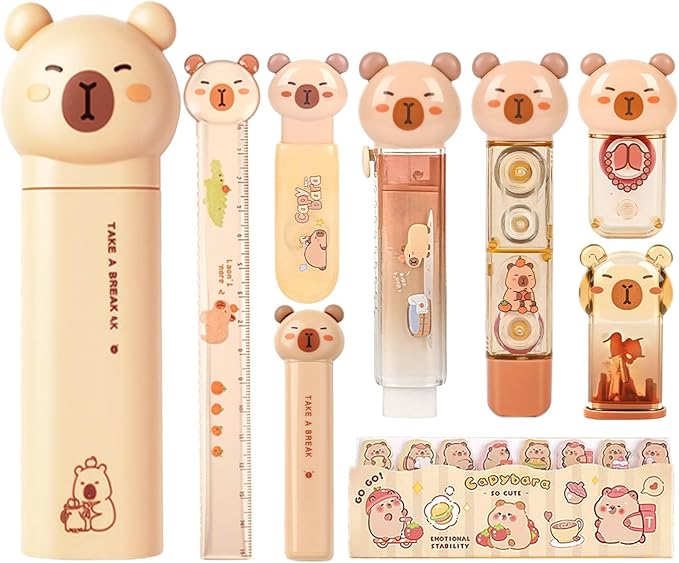 Capybara Stationery Set,Cute Capybara School Supplies,Stationary Gift Set, Japanese Stationery Birthday GIFS, Includes Pencil Sharpener,Eraser, Correction Tape, Ruler, for Office School Supplies