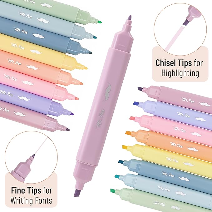 Mr. Pen- Aesthetic Bible Highlighters No Bleed Through Assorted Color, 8pcs, Dreamfield, Cute Highlighter Dual Tip for Journaling Supplies and School Accessories, Bible Highlighters and Pens No Bleed