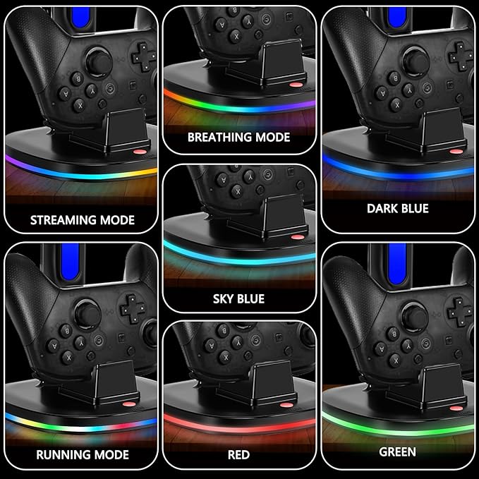 Charger Dock for Switch Pro Controller, JDGPOKOO Charger with RGB Headphone Stand for Nintendo Switch & OLED, Charging Dock Station with 2 USB Charging Ports and Headset Stand, Black