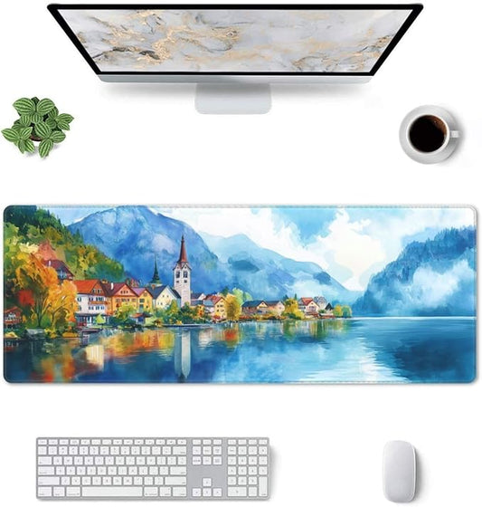 Watercolor Village Mouse Pad XL Large Mousepad Non Slip Rubber Base Desk Mat for Laptop Computer Gaming 31.5" X 12"