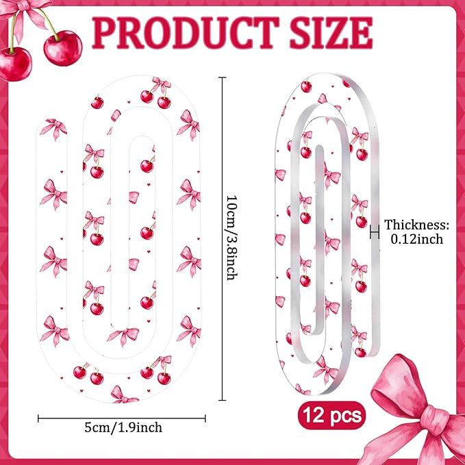 Tinlade 12 Pcs Cherries Bow Jumbo Acrylic Paper Clips 4 x 2 Inch Giant Cute Red Paperclips for Teachers Students Classroom Office Bookmark Gift Desk Home Accessories Book Lovers