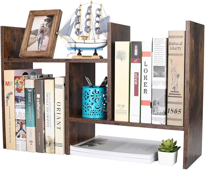 PAG Adjustable Desktop Shelf Wood Small Bookshelf Desk Supplies Organizers and Accessories Storage Display Rack Office Decor, Antique Brown