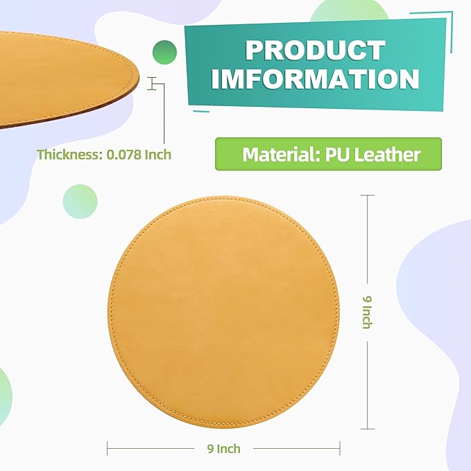 Mouse Pad，Round Mouse Pad，PU Mouse Pad，Leather Mouse Pad with Stitched Edge Micro-Fiber Base with Non-Slip Waterproof，Mouse Pad for Computers，Laptop，9 x 9 Inch (Light Yellow)