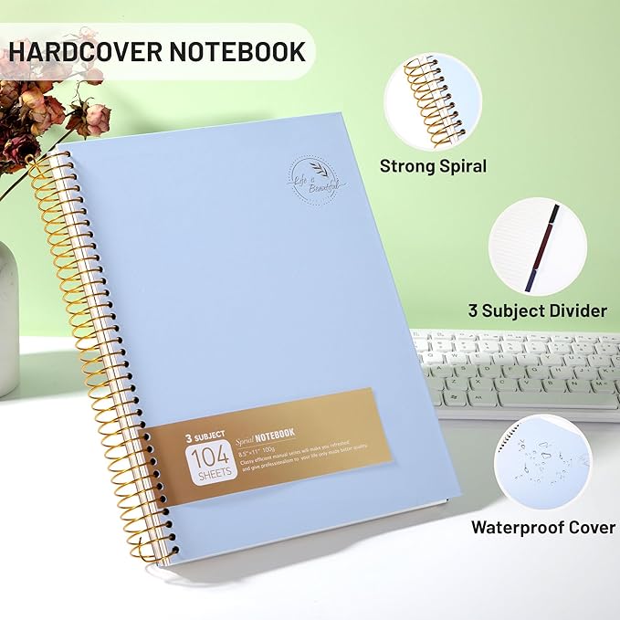 FLYING EAGLE 3 Subject Spiral Notebook Large Spiral Notebook 8.5 X 11, Blue Journal for Women Men, 100 GSM Thick Paper 104 Sheets, Hardcover Notebook for Work, School, Writing, Note Taking Blue