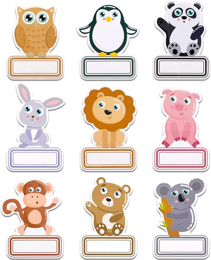 Sabary 90 Pcs Cutout Name Tags Water Bottle Labels Daycare Labels Self Adhesive Name Stickers Gift Tags for Classroom Home Desk Bulletin Board Decoration Party Favor 10 Sheets (Animal)