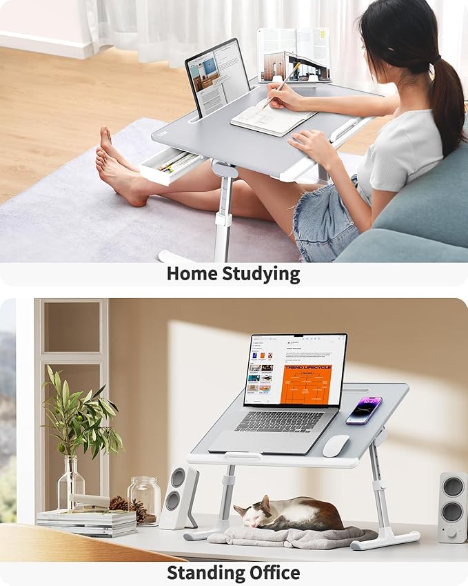 Laptop Bed Tray Table, SAIJI Adjustable Bed Desk for Laptop, Foldable Laptop Stand with Storage Drawer for Eating, Working, Writing, Gaming, Drawing (Khaki Gray, X-Large)