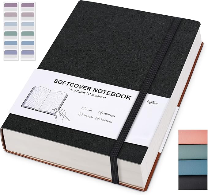 Gosirm Journal Notebook For Writing, Hardcover Leather Thick College Ruled Notebook Journal with 100GSM Paper, 304 Numbered Lined Journals, 7.6'' X 10'' Daily Journal for Women Men Work, Black