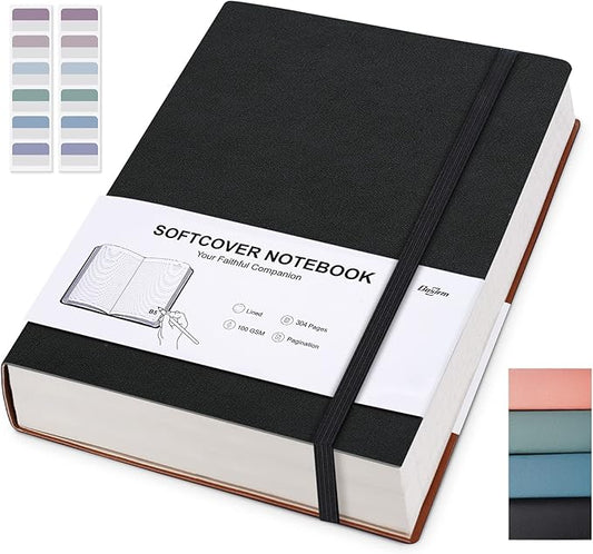 Gosirm Journal Notebook For Writing, Hardcover Leather Thick College Ruled Notebook Journal with 100GSM Paper, 304 Numbered Lined Journals, 7.6'' X 10'' Daily Journal for Women Men Work, Black